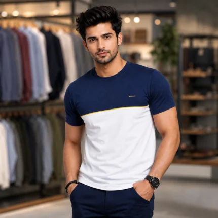 Mens Premium Cotton Solid T-shirt - Blue and White