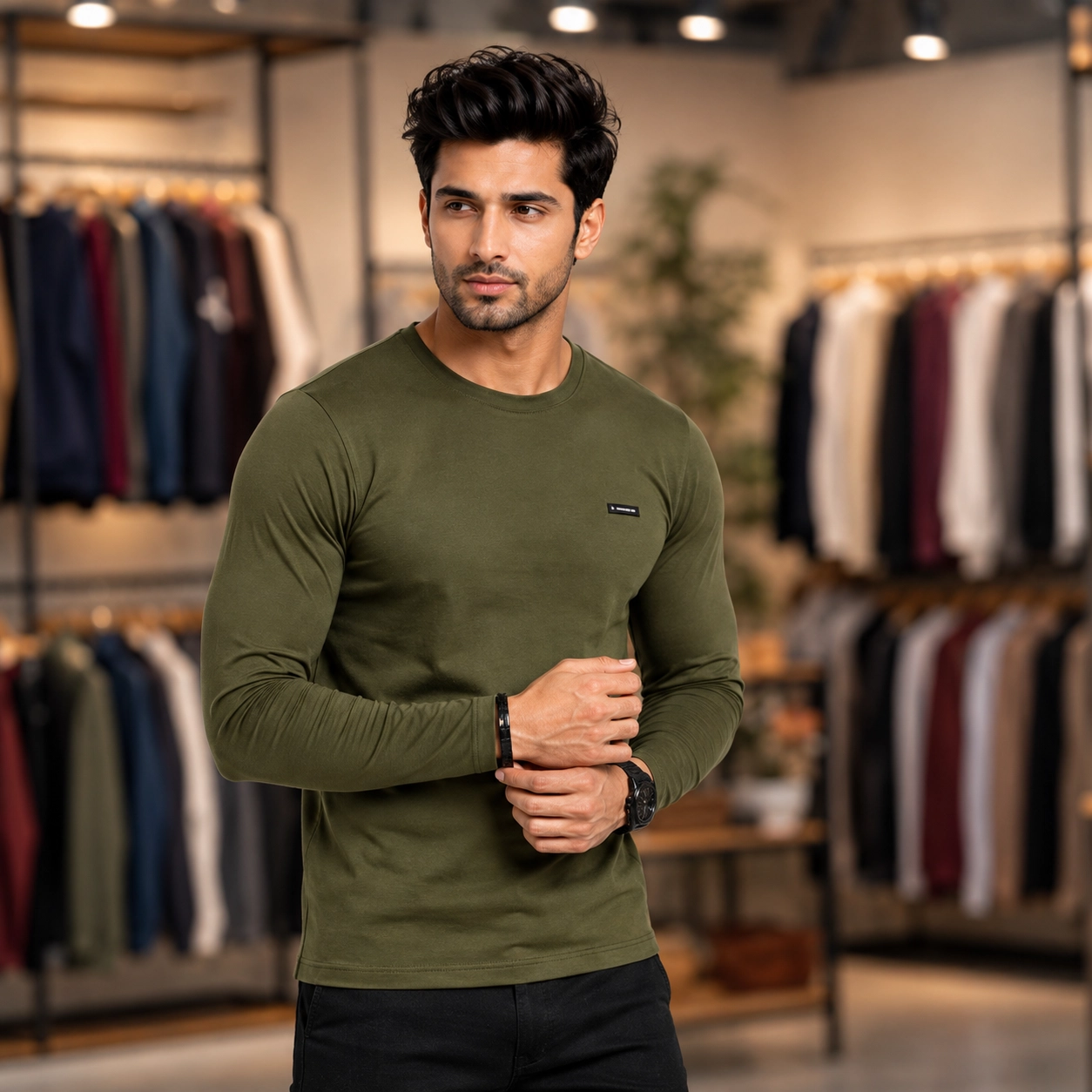 T2 Mens Premium Cotton Solid T-shirt - Full Sleeve Grayish Yellow - Image 1